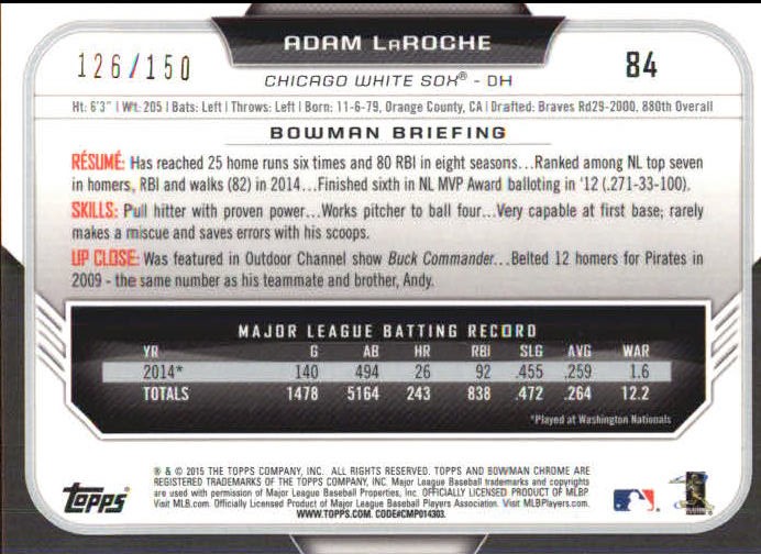 2015 Bowman Chrome Blue Refractors #84 Adam LaRoche back image