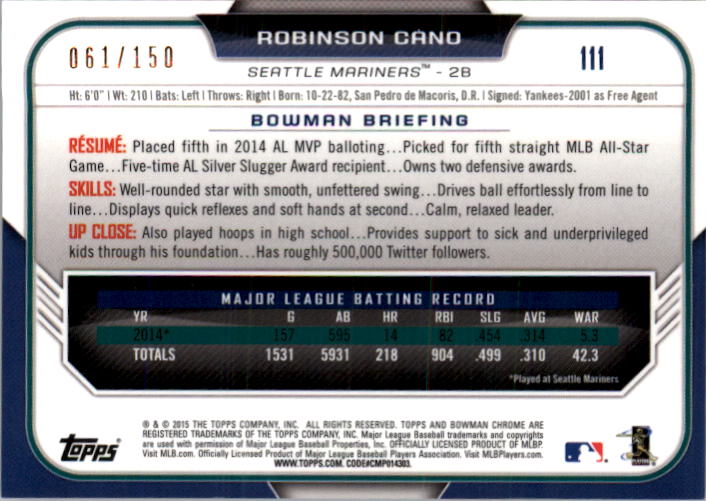 2015 Bowman Chrome Blue Refractors #111 Robinson Cano back image