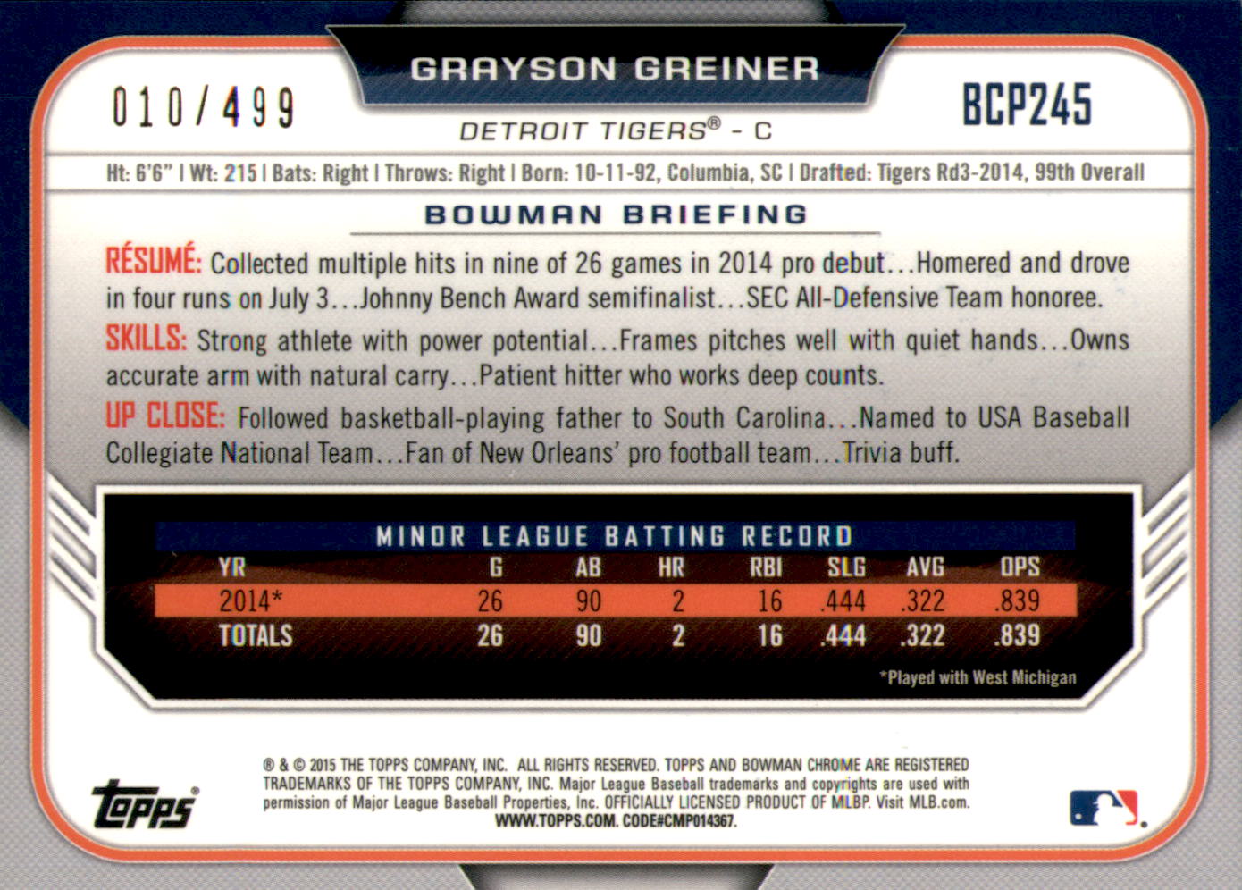 2015 Bowman Chrome Prospects Refractors #BCP245 Grayson Greiner back image