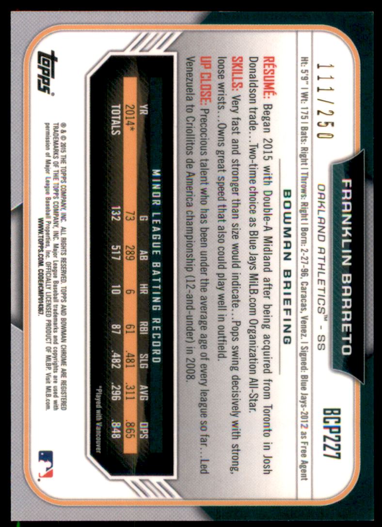 2015 Bowman Chrome Prospects Purple Refractors #BCP227 Franklin Barreto