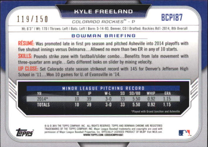 2015 Bowman Chrome Prospects Blue Refractors #BCP187 Kyle Freeland back image
