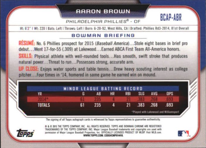 2015 Bowman Chrome Prospect Autographs #BCAPABR Aaron Brown back image