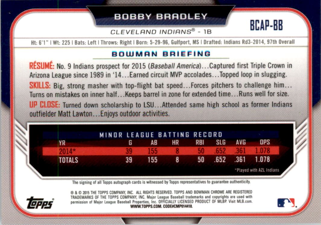 2015 Bowman Chrome Prospect Autographs #BCAPBB Bobby Bradley back image