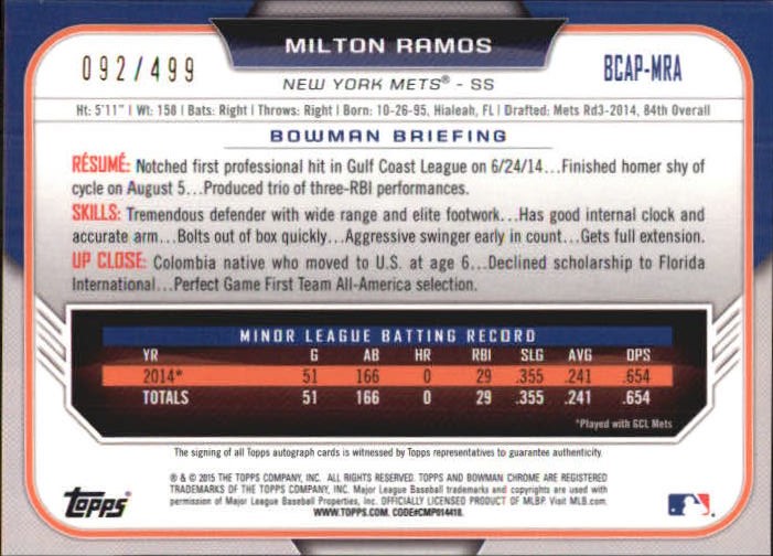 2015 Bowman Chrome Prospect Autographs Refractors #BCAPMRA Milton Ramos back image