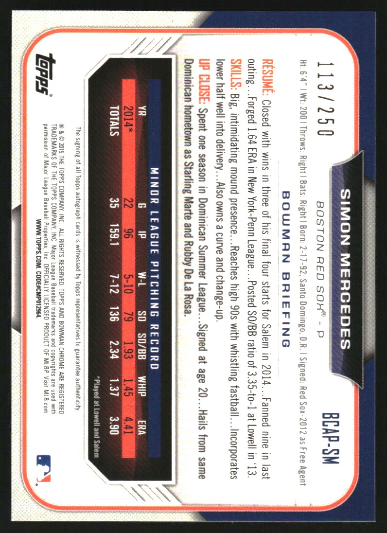 2015 Bowman Chrome Prospect Autographs Purple Refractors #BCAPSM Simon Mercedes