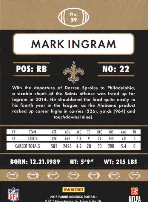 2015 Donruss Stat Line Career #59 Mark Ingram/485 back image