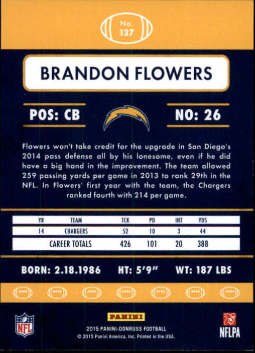 2015 Donruss Stat Line Career #137 Brandon Flowers/376 back image