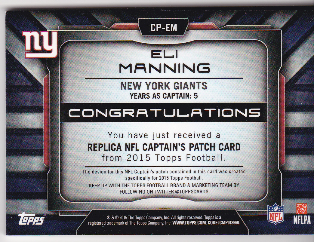 2015 Topps NFL Captains Patches Camo #CPEM Eli Manning back image