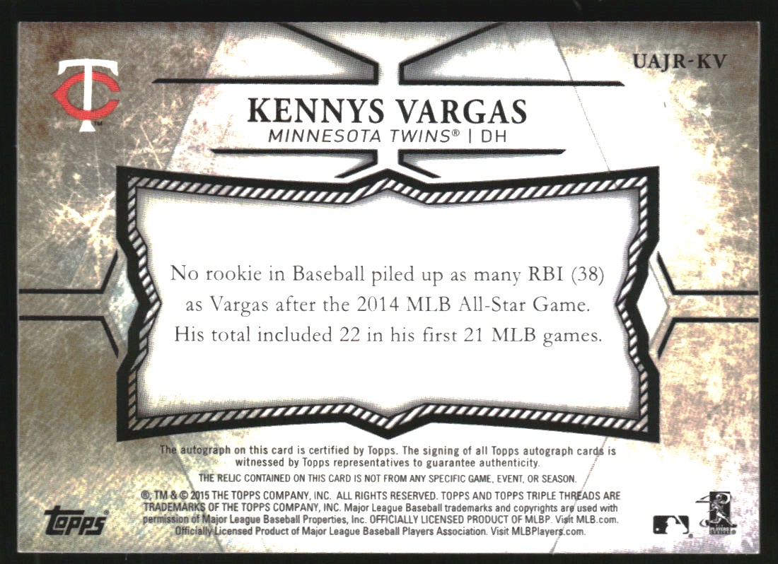 2015 Topps Triple Threads Unity Relic Autographs Gold #UAJRKV Kennys Vargas back image