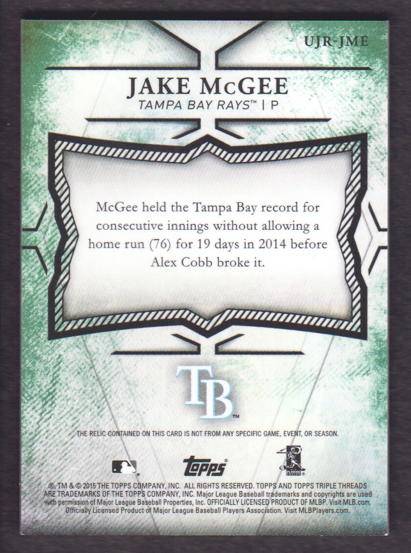 2015 Topps Triple Threads Unity Relics Emerald #UJRJME Jake McGee back image