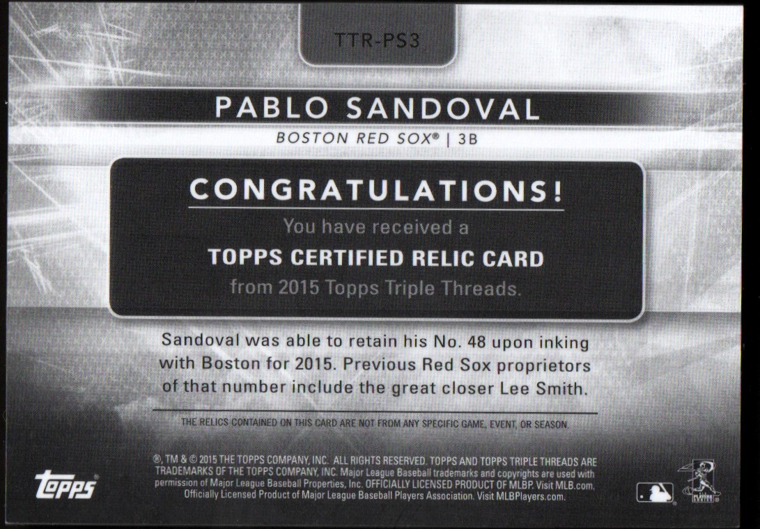 2015 Topps Triple Threads Relics #TTRPS3 Pablo Sandoval back image