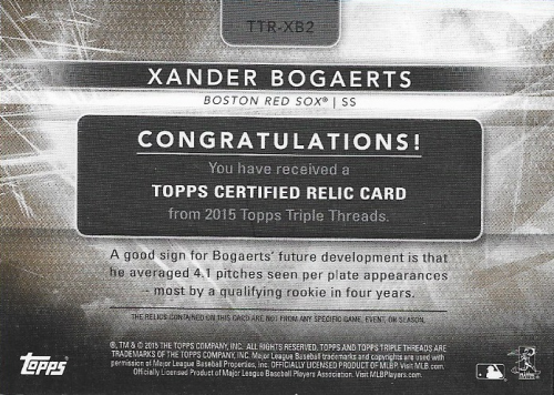 2015 Topps Triple Threads Relics Gold #TTRXB2 Xander Bogaerts back image