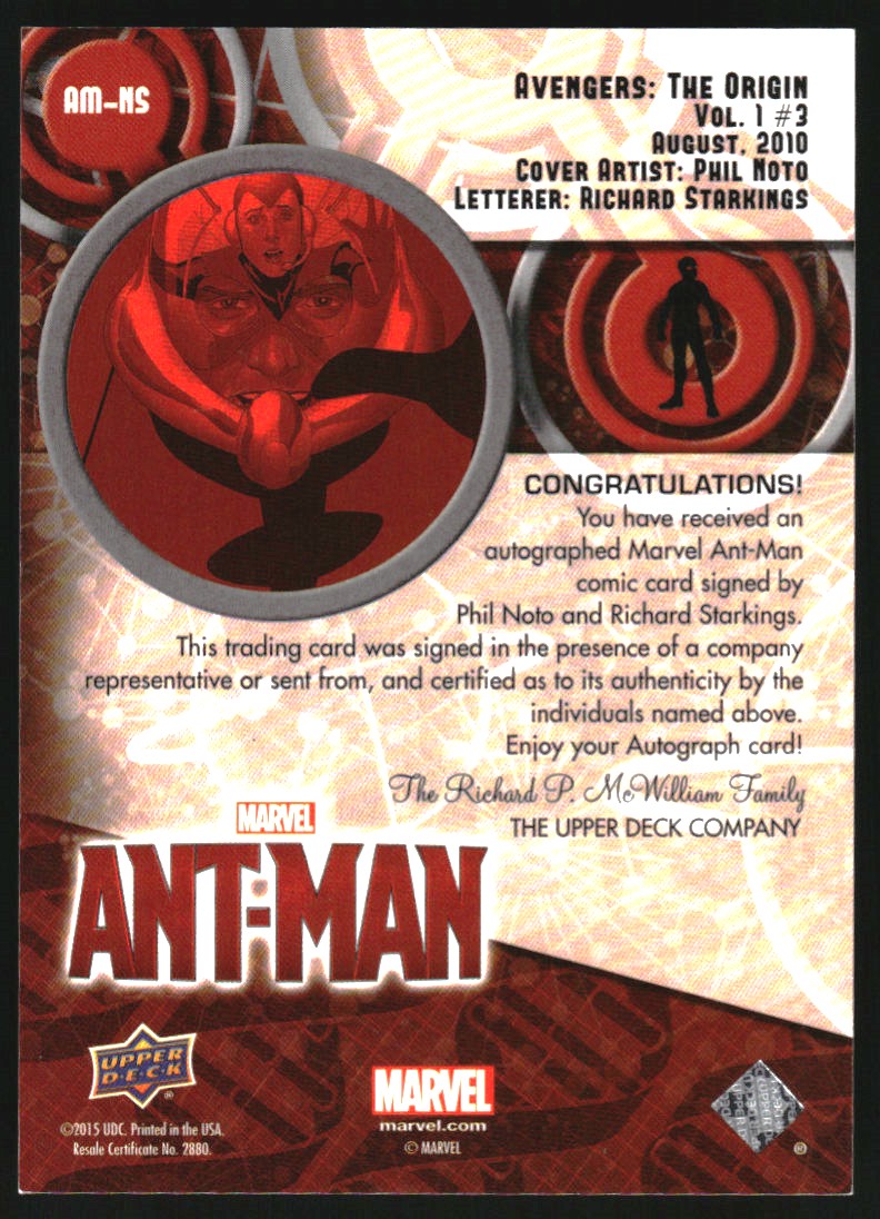 2015 Upper Deck Ant-Man Comic Covers Dual Autographs #AMNS Phil Noto/Richard Starkings/Avengers The Origin #3 back image