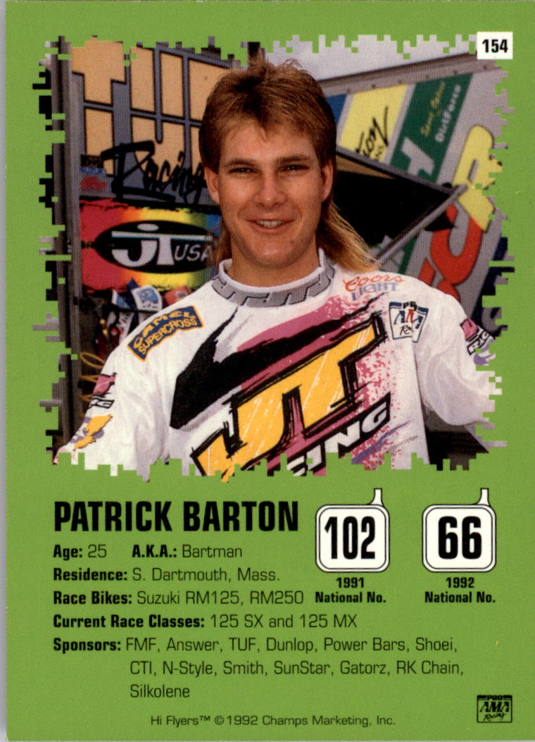 1992 Champ's Hi Flyers Motocross #154 Patrick Barton back image