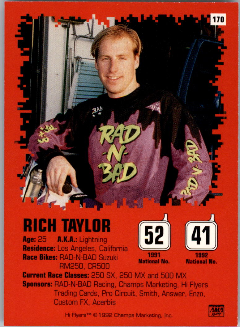 1992 Champ's Hi Flyers Motocross #170 Rich Taylor back image