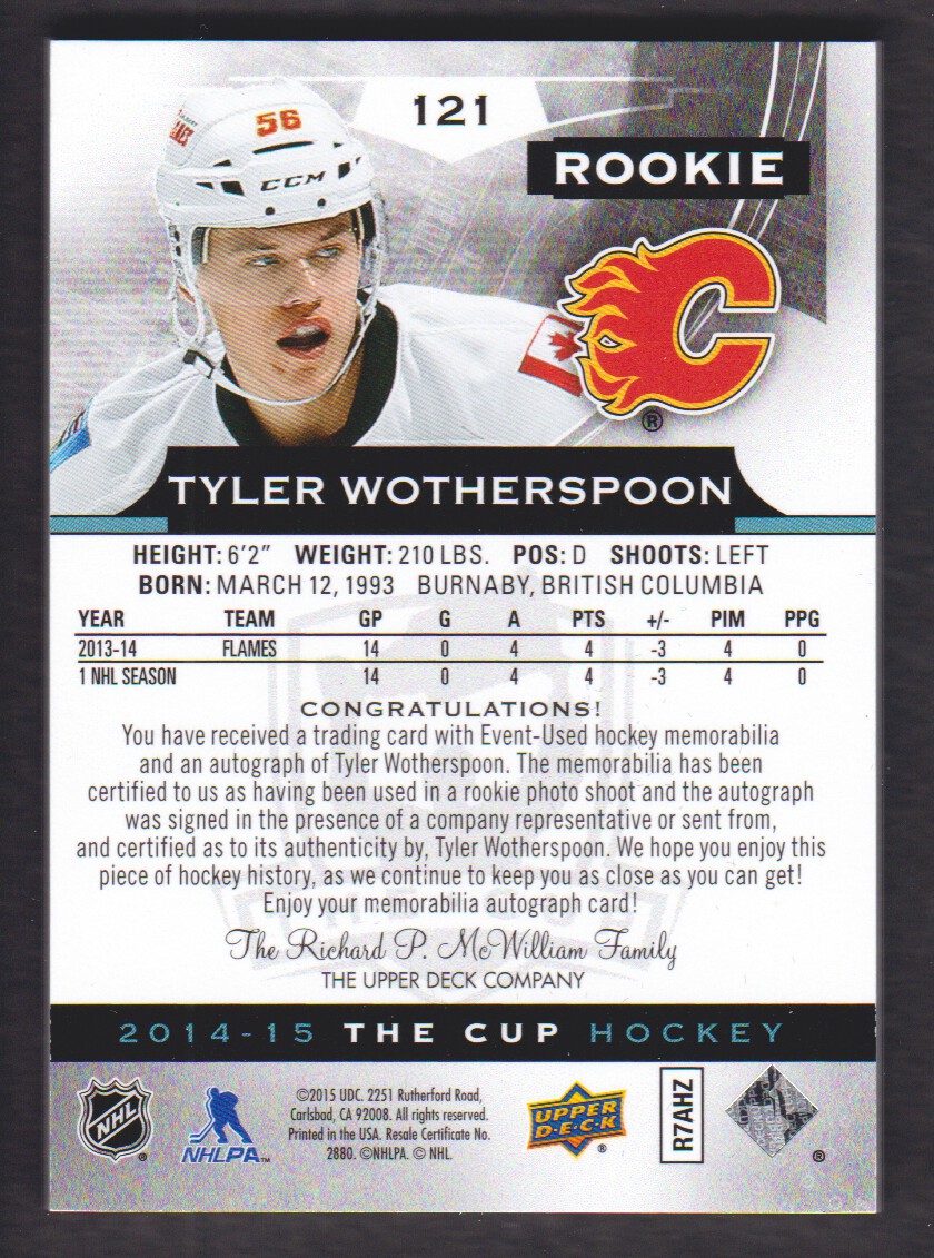 2014-15 The Cup #121 Tyler Wotherspoon JSY AU/249 RC back image
