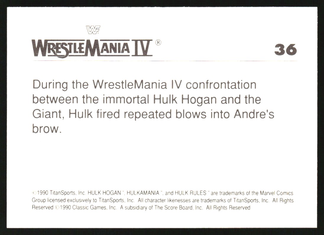 1990 Classic WWF History of WrestleMania Trademark #36 Hulk Hogan/Andre the Giant back image