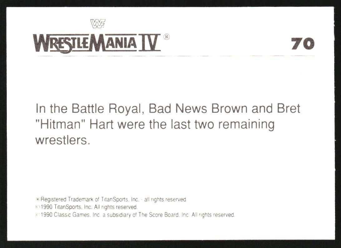 1990 Classic WWF History of WrestleMania Trademark #70 Bret Hit Man Hart/Bad News Brown back image