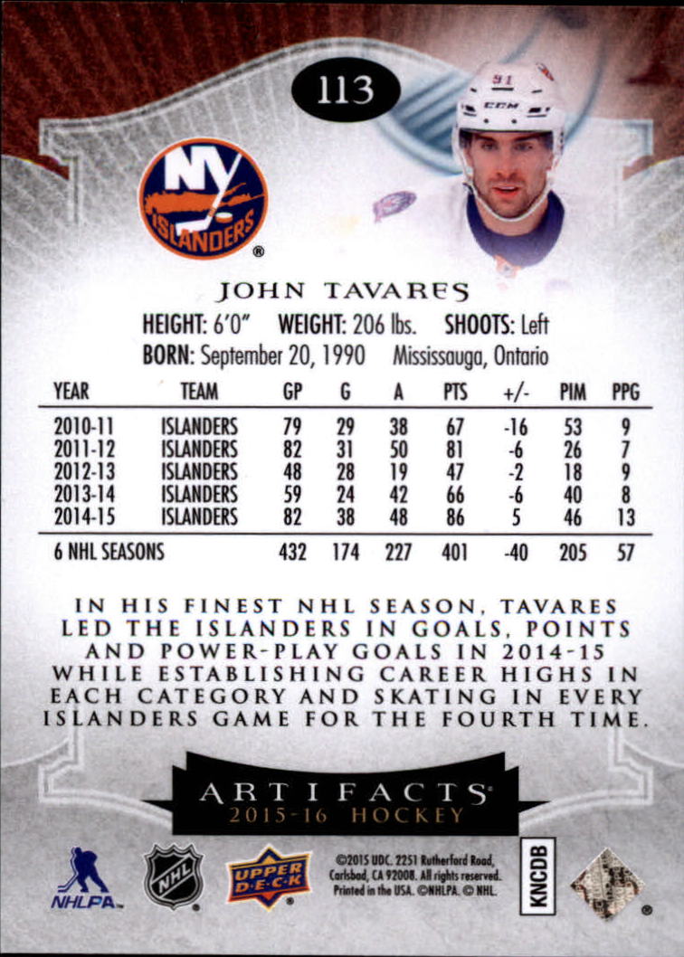 2015-16 Artifacts #113 John Tavares S back image