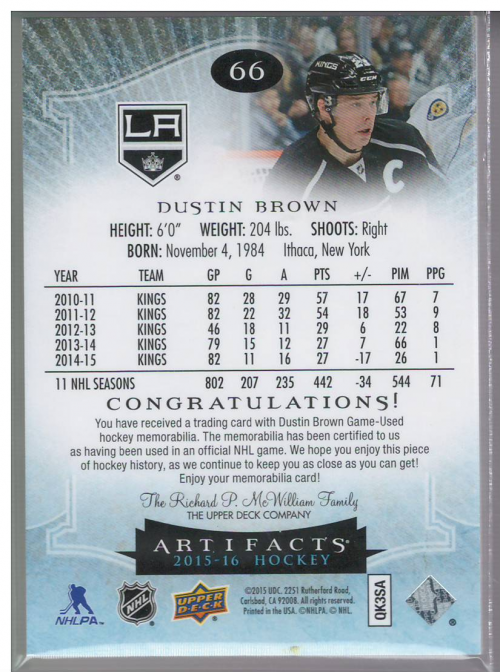 2015-16 Artifacts Jerseys #66 Dustin Brown back image