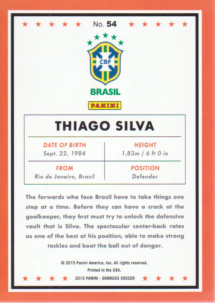 2015 Donruss #54B Thiago Silva SP/Brazil back image