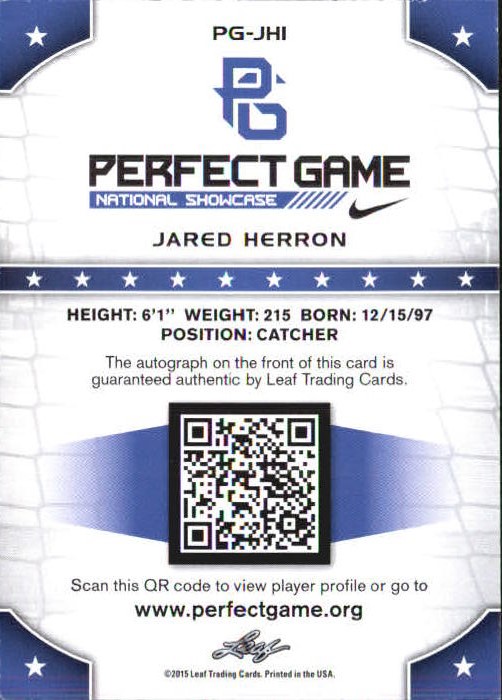 2015 Leaf Perfect Game Autographs Gold #PGJH1 Jared Herron/50 back image
