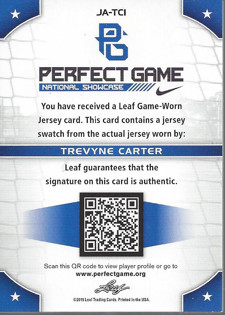 2015 Leaf Perfect Game Jersey Autographs Silver Spectrum #JATC1 Trevyne Carter back image