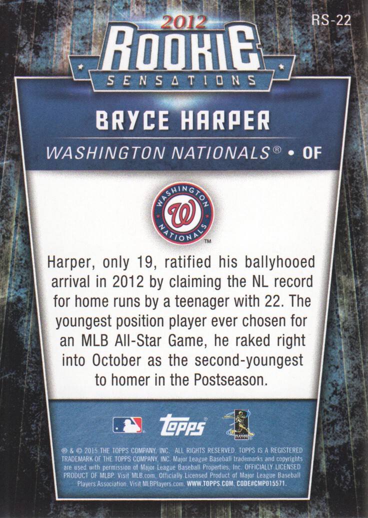 2015 Topps Update Rookie Sensations #RS22 Bryce Harper back image
