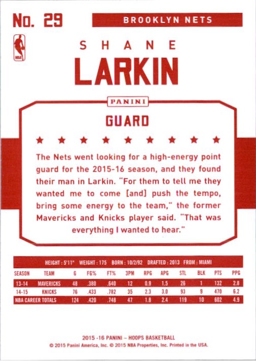 2015-16 Hoops Red Backs #29 Shane Larkin back image