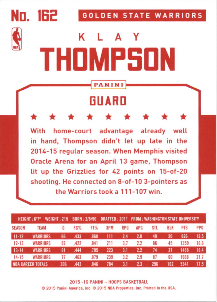2015-16 Hoops Red Backs #162 Klay Thompson back image