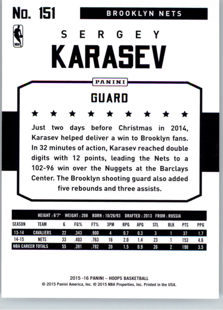 2015-16 Hoops Artist Proof #151 Sergey Karasev back image