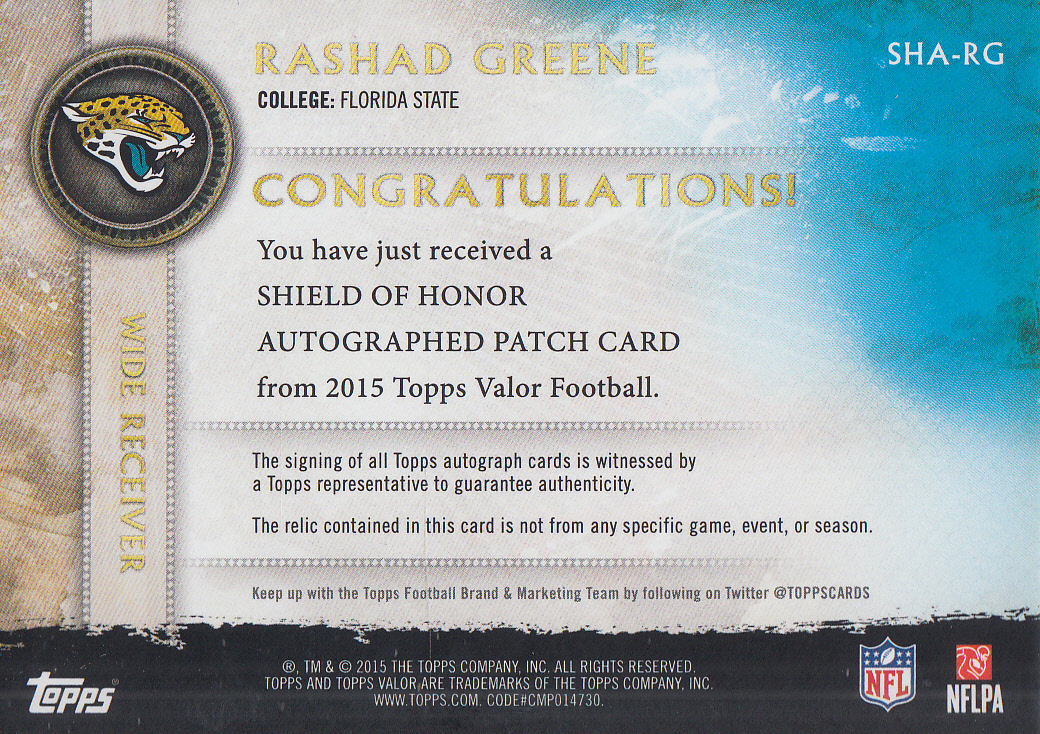 2015 Topps Valor Shield of Honor Patch Autographs Speed #SHARG Rashad Greene back image