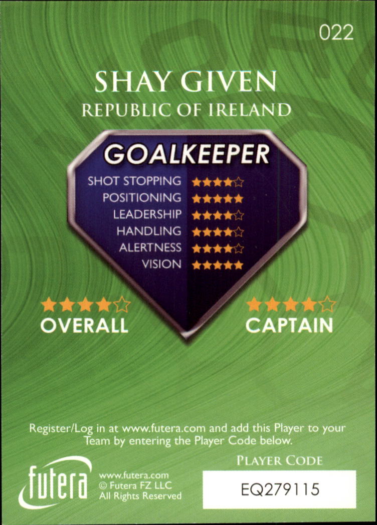 2009-10 Futera World Football Online Game Collection #22 Shay Given back image