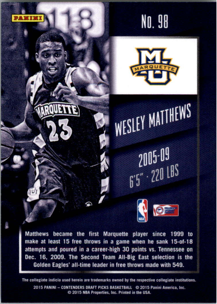 2015-16 Panini Contenders Draft Picks #98 Wesley Matthews back image