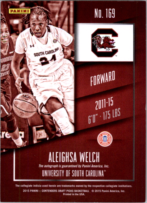 2015-16 Panini Contenders Draft Picks Draft Ticket Red Foil #169 Aleighsa Welch AU back image