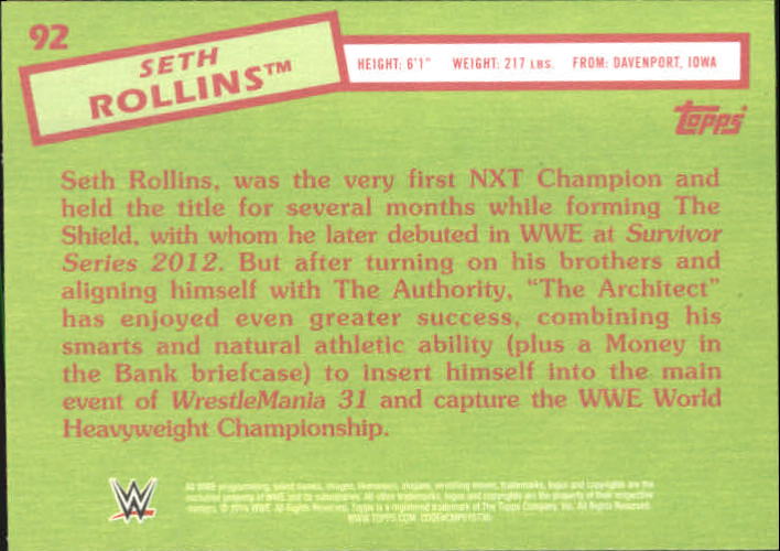 2015 Topps Heritage WWE Silver #92 Seth Rollins back image