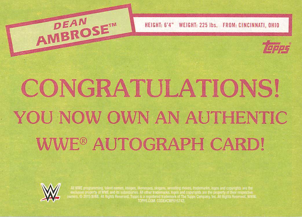 2015 Topps Heritage WWE Autographs #NNO Dean Ambrose back image