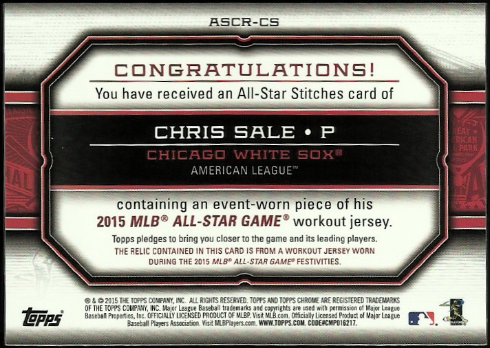 2015 Topps Update Chrome All Star Stiches #ASCRCS Chris Sale back image
