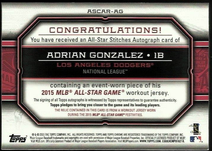 2015 Topps Update Chrome All Star Stiches Autographs #ASCARAG Adrian Gonzalez back image