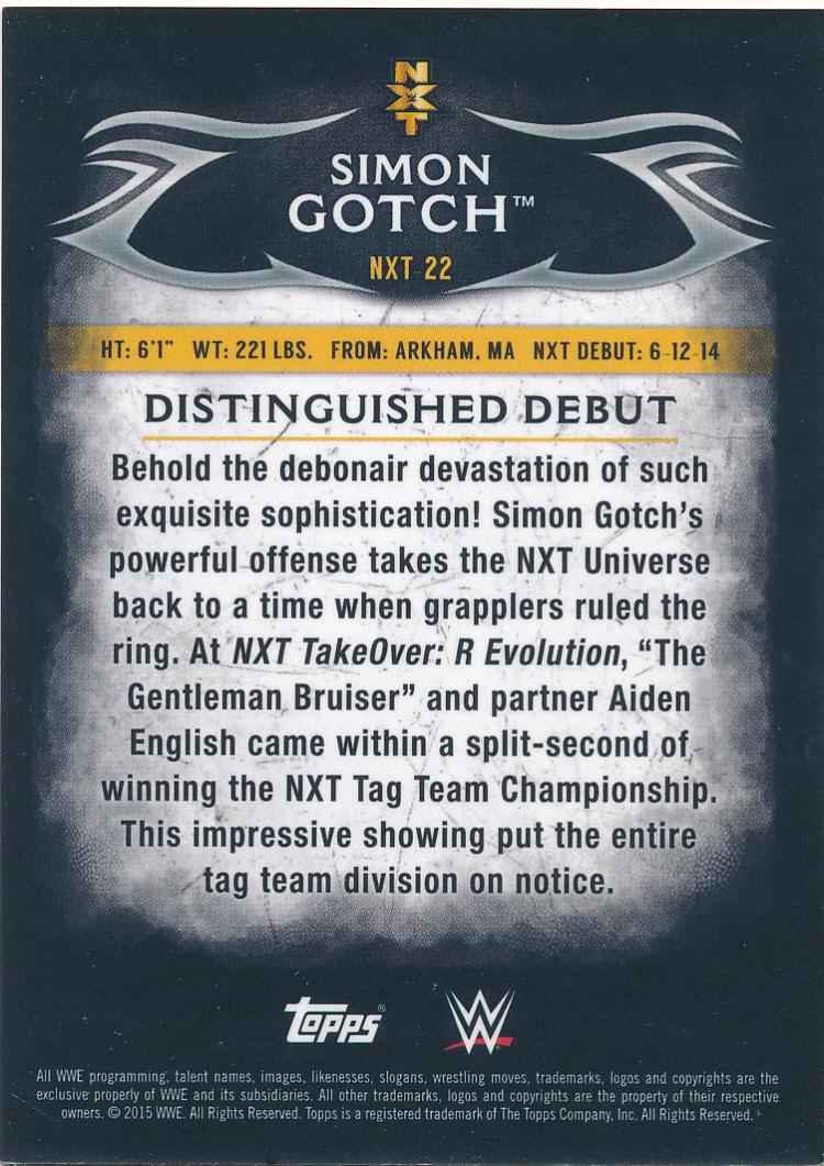 2015 Topps WWE Undisputed NXT Prospects Silver #NXT22 Simon Gotch back image