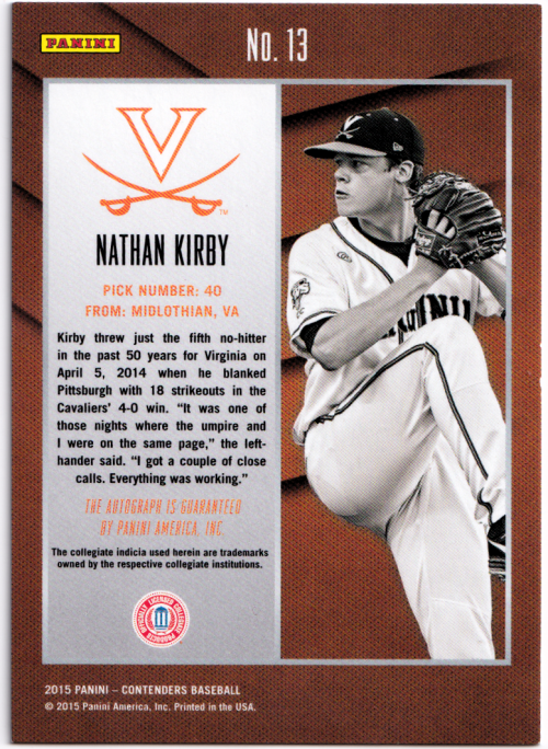 2015 Panini Contenders College Ticket Autographs Photo Variation Draft #13 Nathan Kirby/Looking down back image