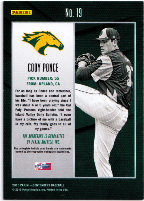2015 Panini Contenders College Ticket Autographs Photo Variation Draft #19 Cody Ponce/Front leg up back image