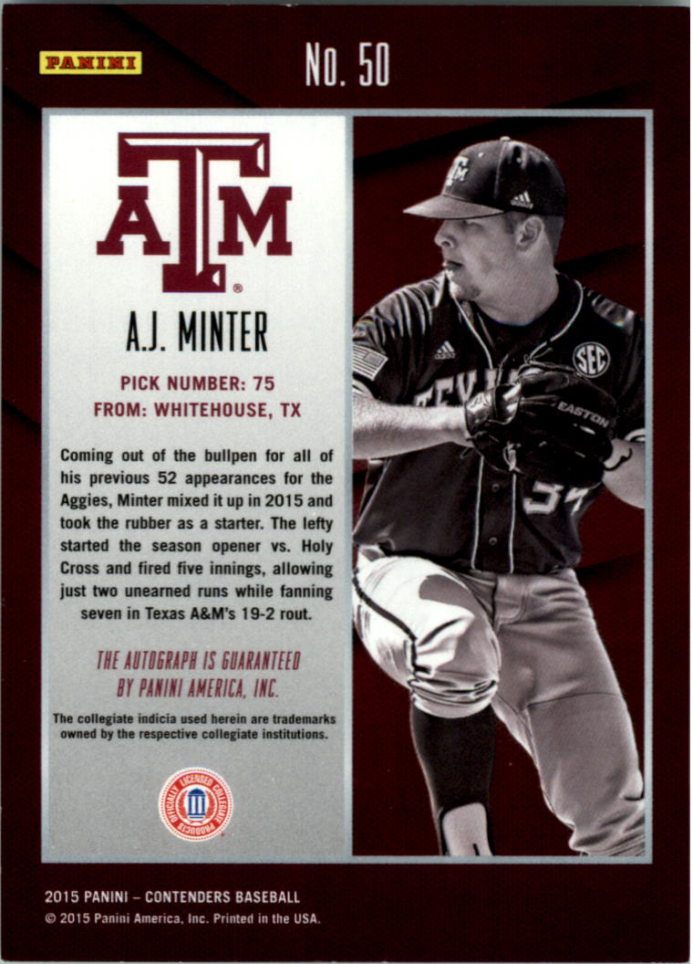 2015 Panini Contenders College Ticket Autographs Photo Variation Draft #50 A.J. Minter/Maroon jersey back image