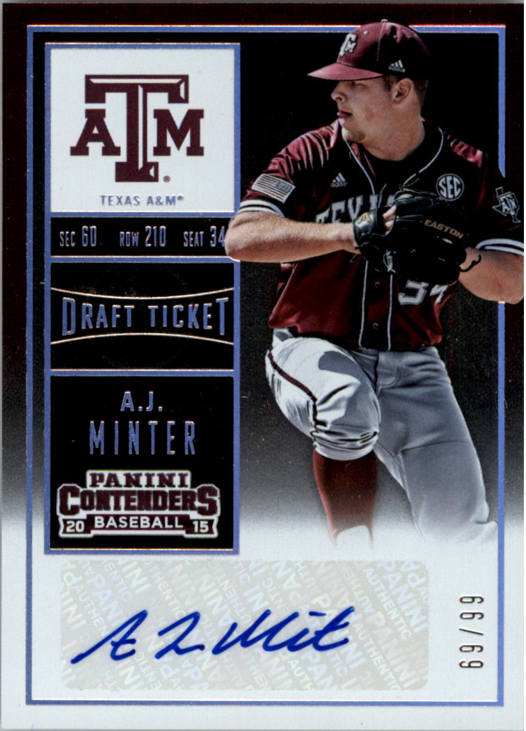 2015 Panini Contenders College Ticket Autographs Photo Variation Draft #50 A.J. Minter/Maroon jersey