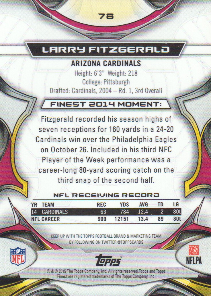 2015 Finest #78 Larry Fitzgerald back image
