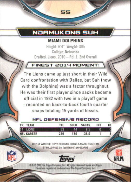 2015 Finest Black Refractors Miami Dolphins Football Card #55 Ndamukong Suh | eBay