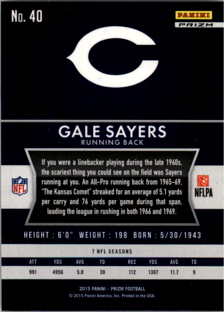 2015 Panini Prizm Prizms Red White and Blue #40 Gale Sayers back image