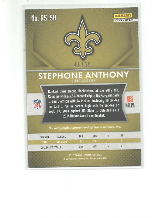 2015 Panini Prizm Rookie Autographs Prizms Red Power #RSSA Stephone Anthony/99 back image