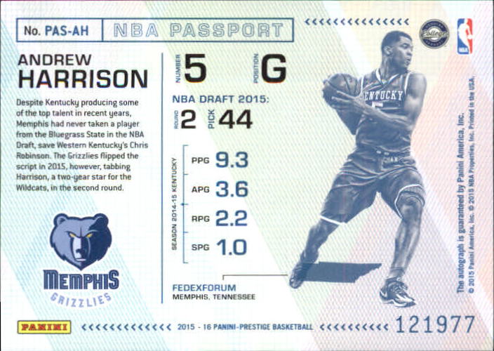 2015-16 Prestige NBA Passport Signatures #38 Andrew Harrison back image