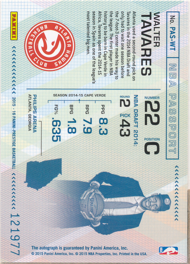 2015-16 Prestige NBA Passport Signatures #49 Walter Tavares back image